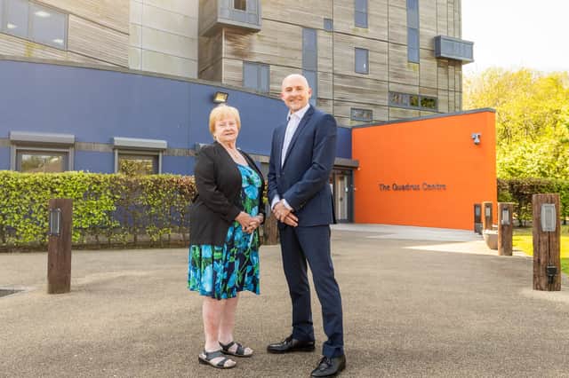 Cllr Margaret Meling with Bardex Business Development Director, Ian Finch, at the Quadrus Centre.